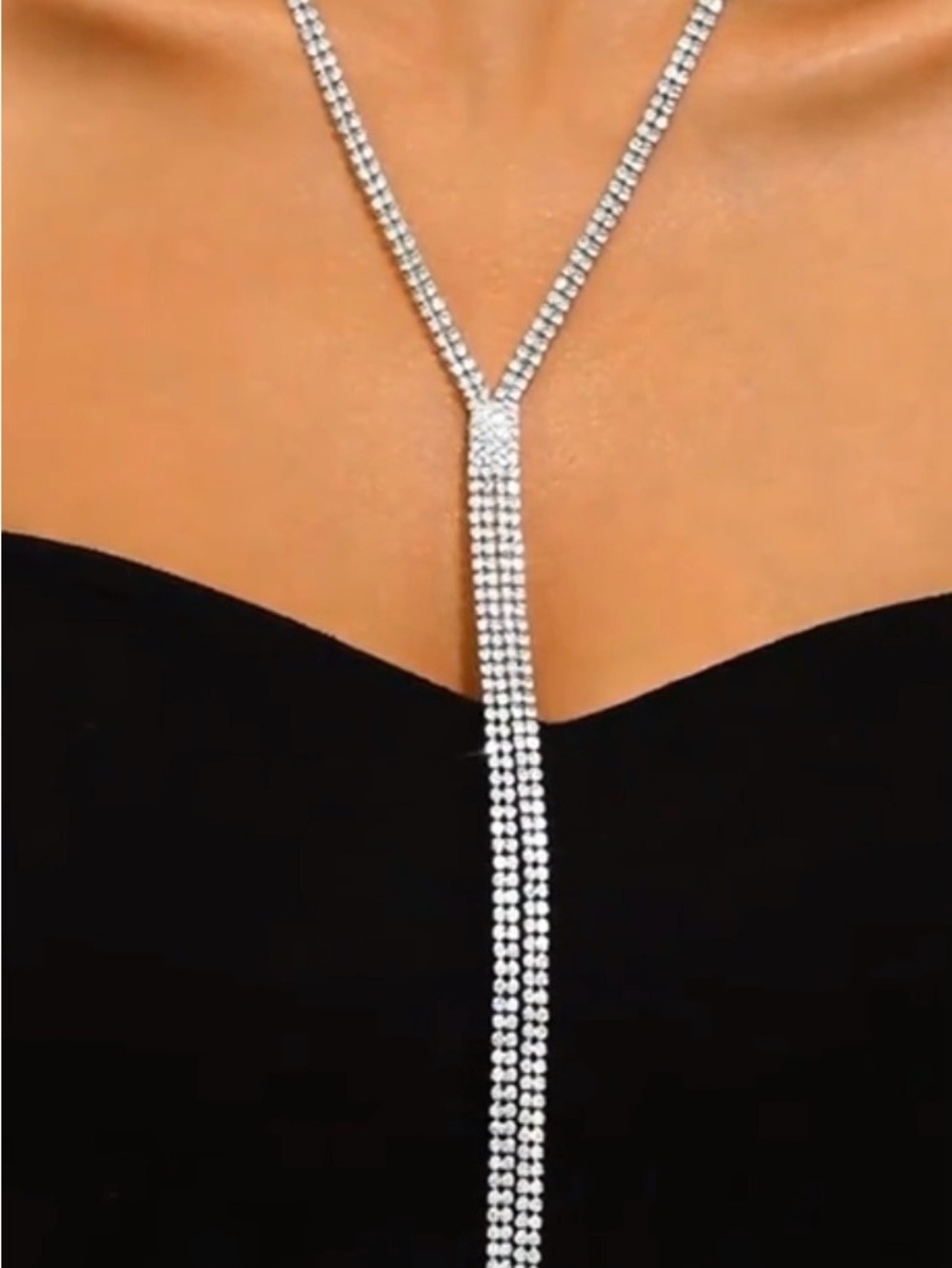 Silver Rhinestone Y Necklace Long Drop Necklace Elegant Sparkly Statement - Picture 4 of 10